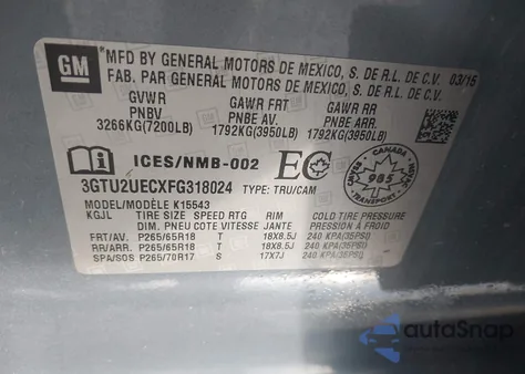 2015 GMC Sierra 1500 Sle from USA, damaged, VIN 3GTU2UECXFG318024